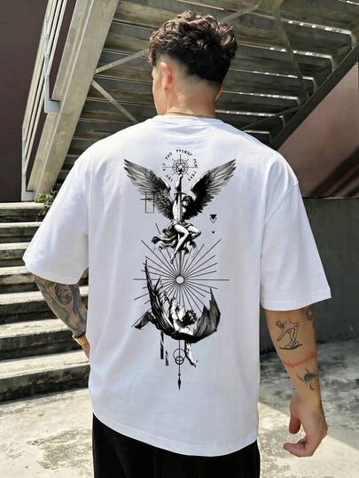  Camiseta Casual de Verão FRACTYR para Homens, Estampa Gráfica de Anjo vs Demônio, Caimento Solto, Gola Redonda, Respirável e Confortável para Uso Externo, Top Casual de Cor Sólida, Estilo Retrô Escuro, Macio e Amigável à Pele