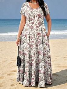 Plus Size Women Floral Print Casual Vacation Dress With Pockets Elegant Summer - Multicolor - View 1