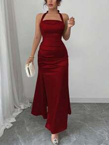 Vestido camisero elegante de color champagne, con tela de satén elástica y abertura lateral de largo maxi - Burdeos 2 - Ver 7