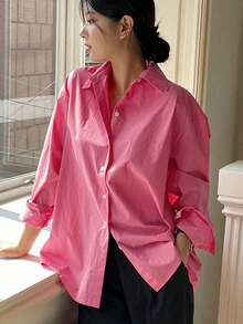 Camisa holgada de mujer de unicolor, de manga larga y de abotonadura sencilla - Rosa Fucsia - Ver 7