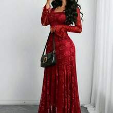 Women's Elegant French Romantic Sexy Square Neck Rose Lace Jacquard Vintage Double-Layer Ruffle Sleeve Asymmetrical Hem Dress, Suitable For Dates, Holidays And Daily Wear Spring - Multicolor - Ver 2