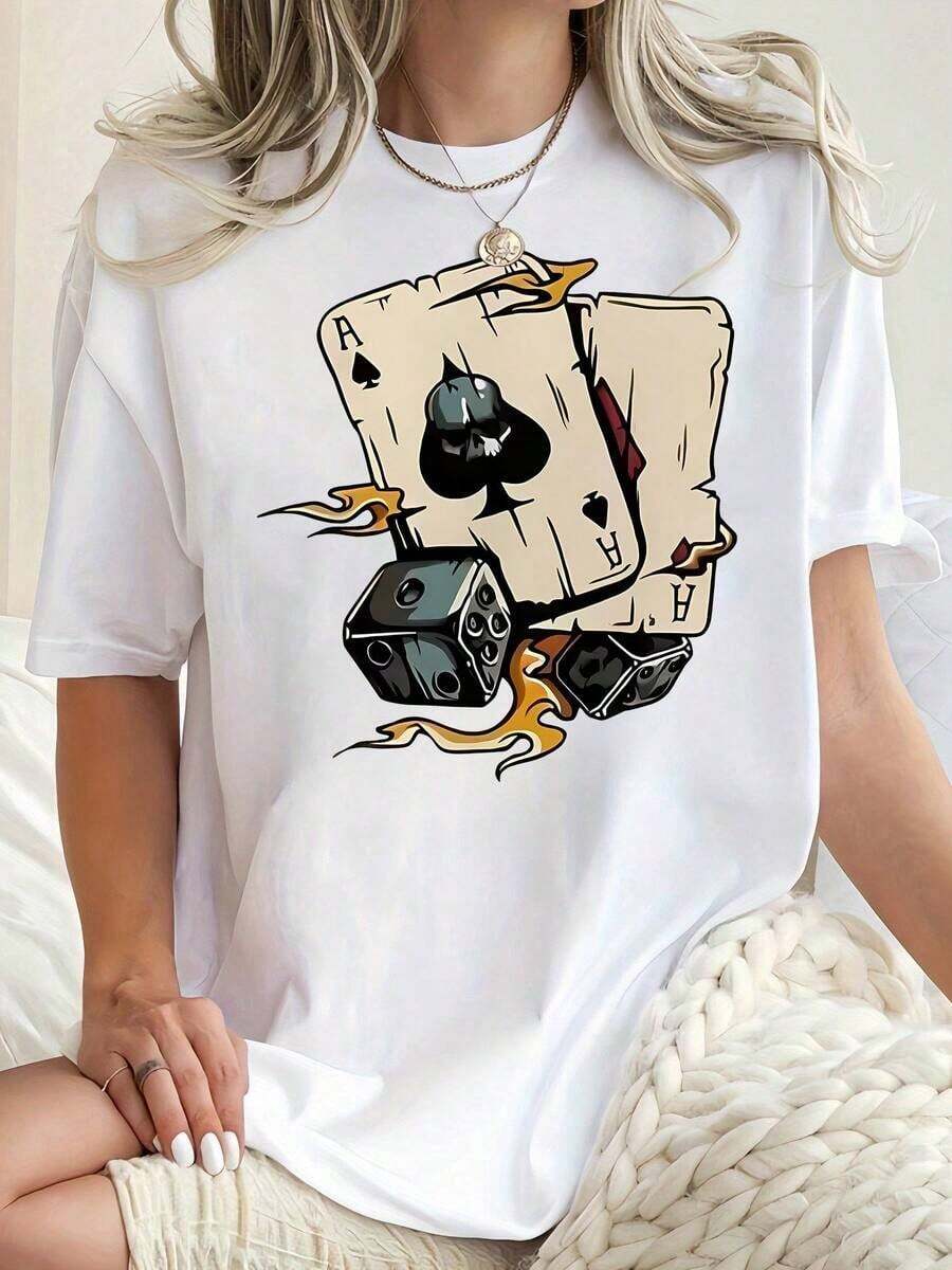 Women's 100% Cotton Short-Sleeved T-Shirt With A Creative Ace Of Spades Print, Poker Style. Simple, Casual, And Comfortable For Summer, Ideal For Vacations And Everyday Wear. 100% Cotton. - 白色 - 查看 1