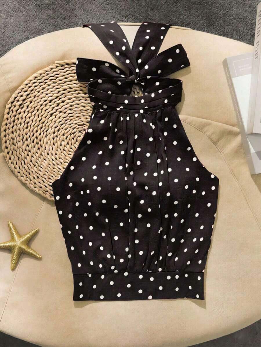 Blusa de mujer de verano, casual y elegante, con cuello de halter y corbata, de tela con textura de lunares - Negro - Ver 1