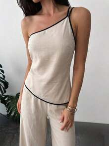 Nuevo conjunto de verano elegante de vacaciones de 2 piezas de lino, con top de cintura fruncida y espalda descubierta de dobladillo asimétrico en color albaricoque y pantalón largo de cintura alta - Caqui - Ver 4