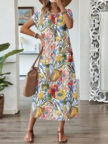 Vestido casual de mujer con estampado floral y manga corta, ideal para vacaciones de verano - Multicolor - Ver 3