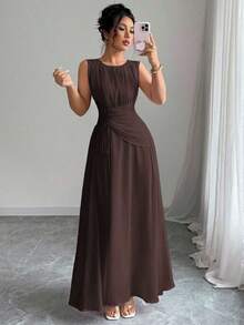 Vestido maxi casual, romántico, vintage y elegante de gasa para mujer con cordón en la cintura, para la playa, el té de la tarde, fiestas de noche, uso diario, sin mangas, de unicolor, vestido largo, primavera/verano - Marrón - Ver 8