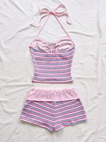 2 piezas Conjunto de camiseta de tirantes y pantalones cortos de punto a rayas con hebilla de metal, estilo casual de vacaciones, adecuado para fiesta, San Valentín, cita, discoteca, bohemio, vacaciones, otoño, ropa de mujer, vintage, días fest - Multicolor 3 - Ver 2