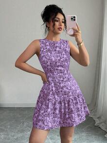 Vestido mini bohemio elegante francés con estampado floral sin mangas y cinturón para mujer, atuendo de graduación para primavera/verano - Morado - Ver 5