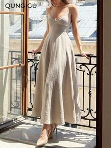 Vestido midi elegante de mujer con cuello en V, vestido de tirantes de mezcla de lino con corte evasé y espalda descubierta, adecuado para vacaciones, playa, boda, fiesta de cóctel - Blanco marfil - Ver 1