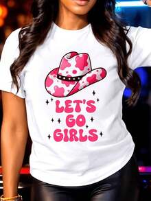 Camiseta de vaquera de gran tamaño para mujer - Camiseta blanca con un sombrero de vaquera rosa y LET'S GO S - Camiseta suave para uso diario, adecu para eventos y fiestas de estilo country western - Parte superior casual para todas las estaciones - Regalo perfecto para mujeres, accesorios de mezclilla, ropa de verano, diseño alegre, material transpirable, camiseta de manga corta, entusiasta de la moda, moda de tempor, cuello redondo, uste cómodo, camiseta estamp, moda avanz para mujeres - Camiseta de cuello redondo de aodón puro de estilo cajero vintage ho de manga cortara mujer - Blanco - Ver 2