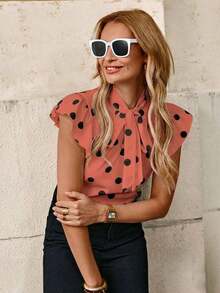 Blusa con lazo elegante para mujer, versátil para el trabajo y el uso casual, verano - Naranja Coral - Ver 8