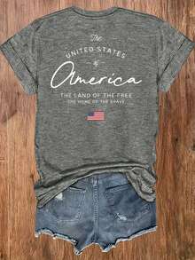 Women's Short-Sleeved Crew Neck T-Shirt, European And American Style, Lightweight And Breathable, With An American-Inspired Design Featuring 1776 Motifs And The National Flag, Suitable For Casual Autumn Wear, A Fashionable And Comfortable Printed Blouse, Versatile And Urban Style - Breathable And Skin-Friendly. - 灰色 - 查看 2