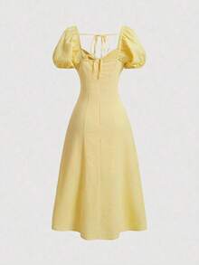 MOD Vestido de verano elegante de mujer de unicolor con mangas abullonadas y cintura ceñida - Amarillo - Ver 2