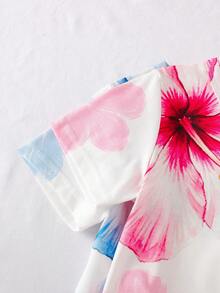 4pcs/Set Kaos Asimetris Motif Hibiscus untuk Anak Perempuan dan Celana Pendek Warna Polos - MultiWarna - View 3