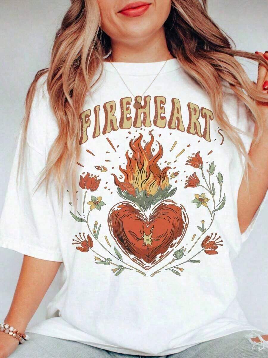 Unisex Vintage T-Shirt With Fire Heart Design, "To Whatever End" T-Shirt, "Throne Of Glass" T-Shirt, "You Do Not Yield" T-Shirt, Oversized Short Sleeve T-Shirt, Classic Thick Cotton T-Shirt, Graphic Print T-Shirt, Casual Short Sleeve T-Shirt For Women, Graphic T-Shirts, T-Shirts For Men, Streetwear, White Shirt, Suitable For Spring, Summer And Autumn. - 白色 - 查看 1