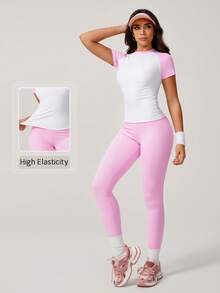 NcmRyu Women's Color Block Elastic Crew Neck Short Sleeve Top And Pants Sports Suit, 1 Set - Pink - View 1