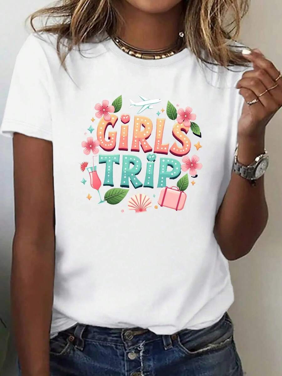 Stylish TopTrip Women's Everyday T-Shirt - Bright Pattern Design, Comfortable Fit, Short Sleeves, Casual Crew Neck T-Shirt, Suitable For All Seasons. | Fun Design | Comfortable And Fitted Women's T-Shirt, Chic And Fashionable Style - 白色 - 查看 1