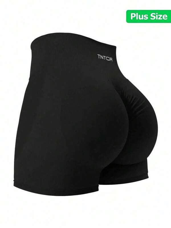 TNTOR Plus Size Women Solid Color Everyday Fitness Sports Shorts, Elastic Yoga Shorts, Figure Flattering High Waisted Slimming Workout Shorts, Gym Leggings, Black, Plus Size, High Waist Lifting Yoga Shorts, Tight Fit Quick Dry Exercise Shorts, Peach Butt Lifting Mid Waist Yoga Shorts, High Waist Design With Slimming Effect, Suitable For Cycling And Workouts, Tighten Hips Skinny Shorts, Comfortable For Fitness Enthusiasts Summer