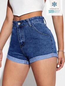 Shorts en mezclilla bajo de doblez - Azul lavado oscuro - Ver 4