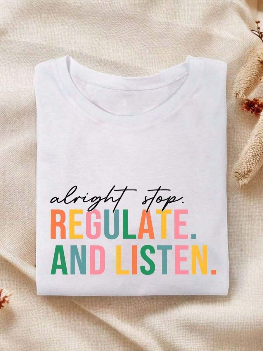 Camiseta "Está Bien, Detén Tebe, Regula y Escucha", Camiseta de Asesor de Orientación, Camiseta de Psicólogo, Regalo Divertido para Maestro, Camiseta de Asesor, Camiseta de Regulación Sensorial SSN-177100% algodón - Blanco - Ver 1