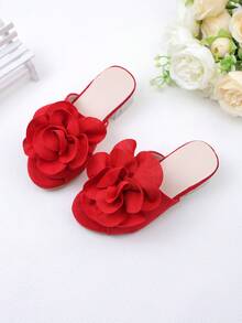 1 Pair Children's Fashionable Red Slide Sandals, Girls' High Heel Thick Heel Slide Sandals, Red Upper With Red Large Flower Decor, Fresh And Versatile Princess Style, Suitable For Summer Outings, Banquets, Parties, Weddings, Vacations - Red - View 5