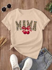 Camiseta oversize color crema de verano para mujer con estampado "Mama" de leopardo y cerezas Playera holgada de cuello redondo con diseño de letras de leopardo y cerezas con lazo - YH314-Albaricoque - Ver 2