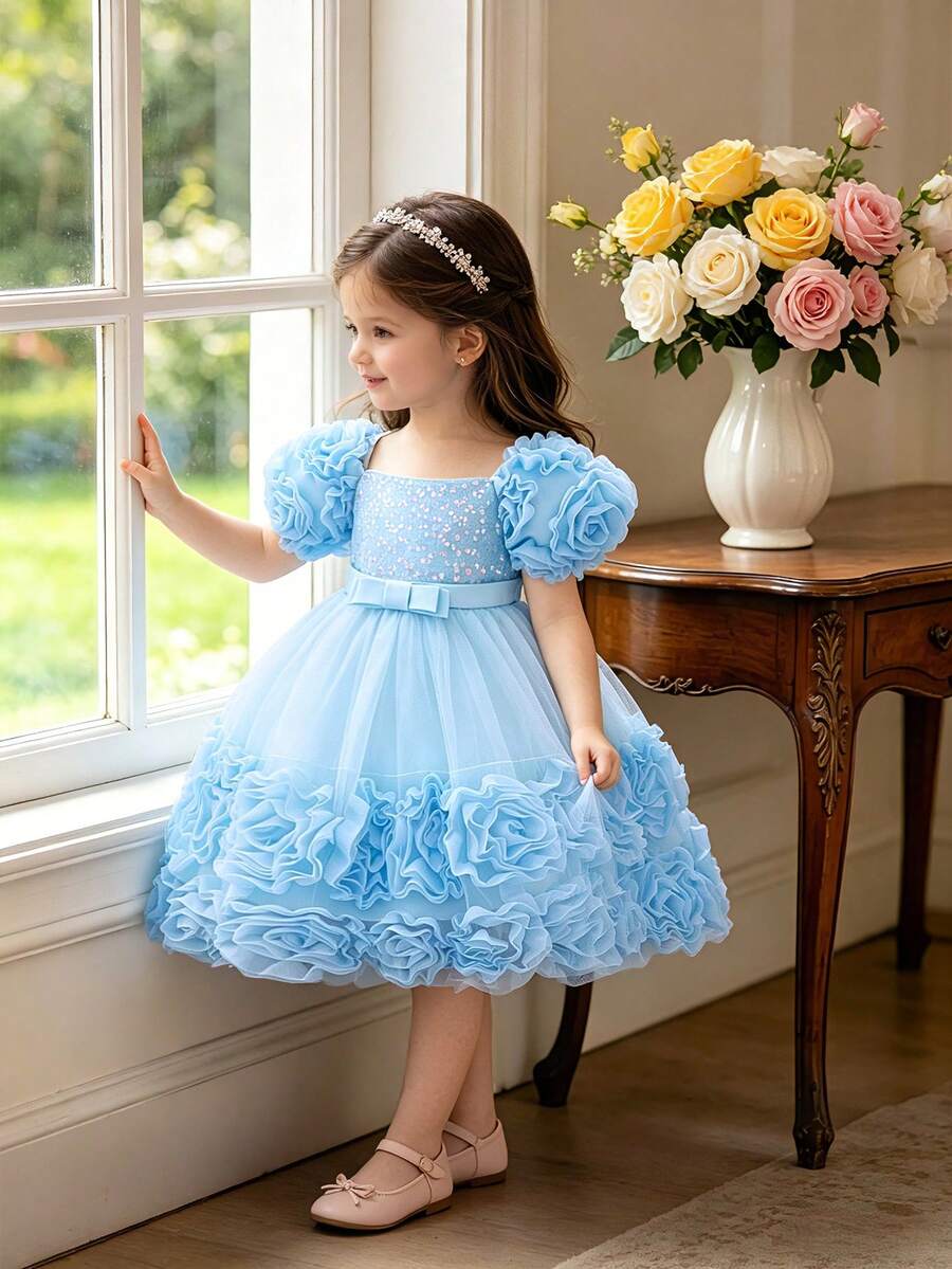 Váy hoa tutu đính sequin đáng yêu cho bé gái dự tiệc sinh nhật, thích hợp cho tiệc chiêu đãi, không bao gồm băng đô - Màu xanh nhạt - Xem 1