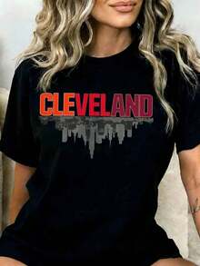 1 Cleveland City Aerial Map T-Shirt, Black, Unisex, Casual, Graphic Print, For Men And Women, Fashionable Streetwear, Gift For Cleveland Fans, 180g, 100% Cotton. - 黑色 - 查看 1