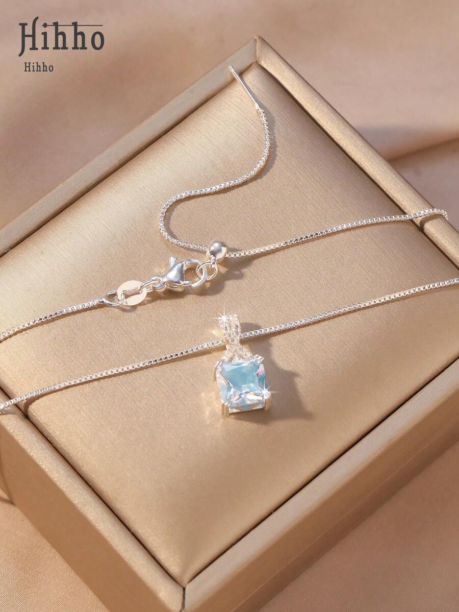 Hihho 1pc Refreshing Luxury Necklace, Ice Blue, Lime Green, White Crystal Styles, Versatile For Daily, Commute, Date, Vacation Outfits - Silver - View 1