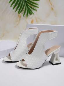 2026 Summer New Open-Back Woven Thick Heel Sandals For Women, Elegant Peep-Toe High Heel Sandals, Versatile Soft Bottom Non-Slip Pumps, Suitable For Commuting, Dating, Street, Vacation, Slip-On Design, Minimalist Chic Style, Multi-Color Options, Comfortable Thick Heel, Square Toe Shape, Woven Upper Adds Sophistication, Soft Material Fits Foot Closely, Non-Slip Outsole For Outings, A Must-Have Fashionable Item For Summer - White - View 7