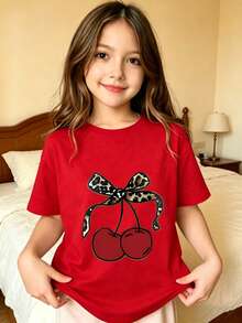 Graphic T-Shirt For Kids, Girls' Clothing, Boys' Clothing, Cherry With Leopard Print Bow, Suitable For Everyday Wear, Street Style, Outings, Home, Holidays, Back To School, Spring And Summer - 紅色 - 查看 1