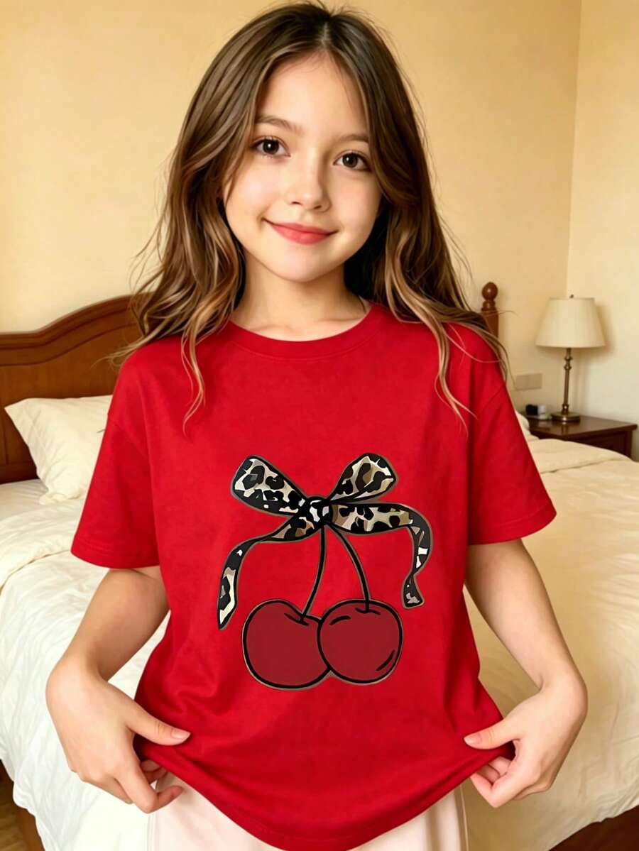 Graphic T-Shirt For Kids, Girls' Clothing, Boys' Clothing, Cherry With Leopard Print Bow, Suitable For Everyday Wear, Street Style, Outings, Home, Holidays, Back To School, Spring And Summer - 紅色 - 查看 1