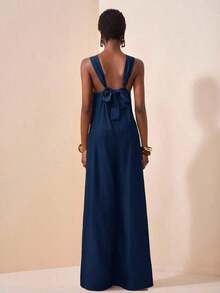 Mono de pierna ancha de unicolor y redondo conectado de moda para mujer - Azul marino - Ver 2