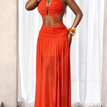 BamGlam Women's V-Neck Metal Decor Backless Flared Vacation Dress  Summer  , Summer Dress , Summer Dresses For Women , Summer Dresses  , Summer Outfits  , Summer Clothes  , Summer Outfits For Women , Summer Holiday Outfit , Summer Outfit For Women ,  Orange Beach Dress Orange Dresses For Woman - Naranja Quemada - Ver 4