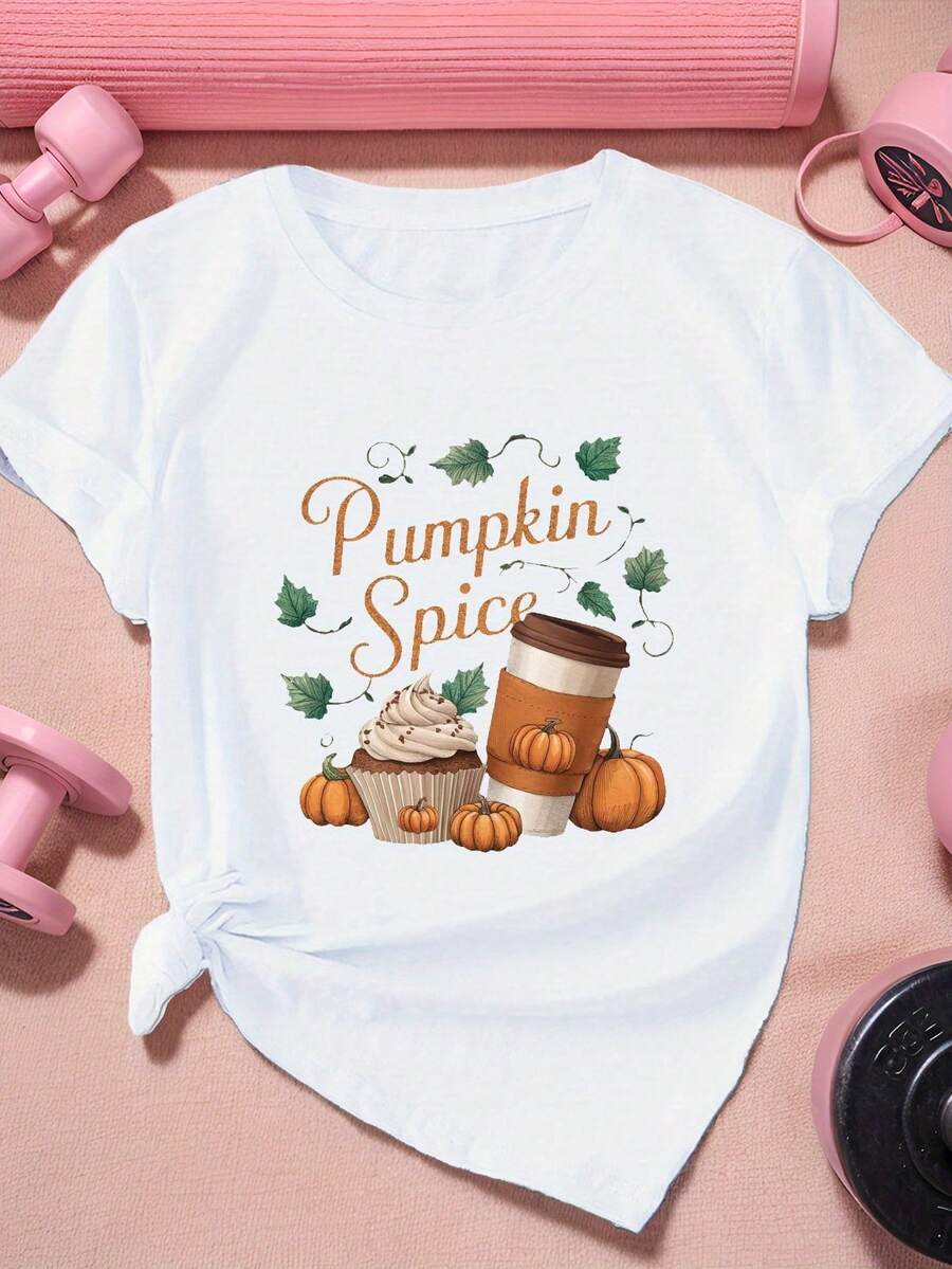 Camiseta deportiva de manga corta para mujer de talla con estampado de calabaza y especias. - Blanco - Ver 1
