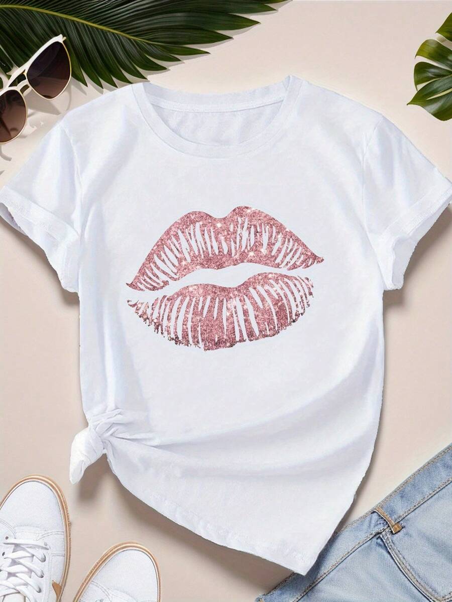 Marca de beso rosa brillante Camiseta deportiva de manga corta de talla para mujer - Blanco - Ver 1