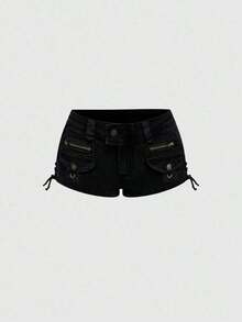 ROMWE Grunge Punk Shorts vaqueros de tiro súper bajo con parches, estilo Harajuku Gyaru Gal Y2K, de cintura súper baja y peludo - Negro - Ver 2