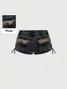ROMWE Grunge Punk Shorts vaqueros de tiro súper bajo con parches, estilo Harajuku Gyaru Gal Y2K, de cintura súper baja y peludo - Gris Oscuro - Ver 6