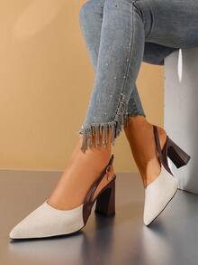 Color Block Pointed Toe Chunky Heel Sandals For Women, Strap Design, Elegant Commuting & Dating Versatile Slim High Heels - Off White - View 2