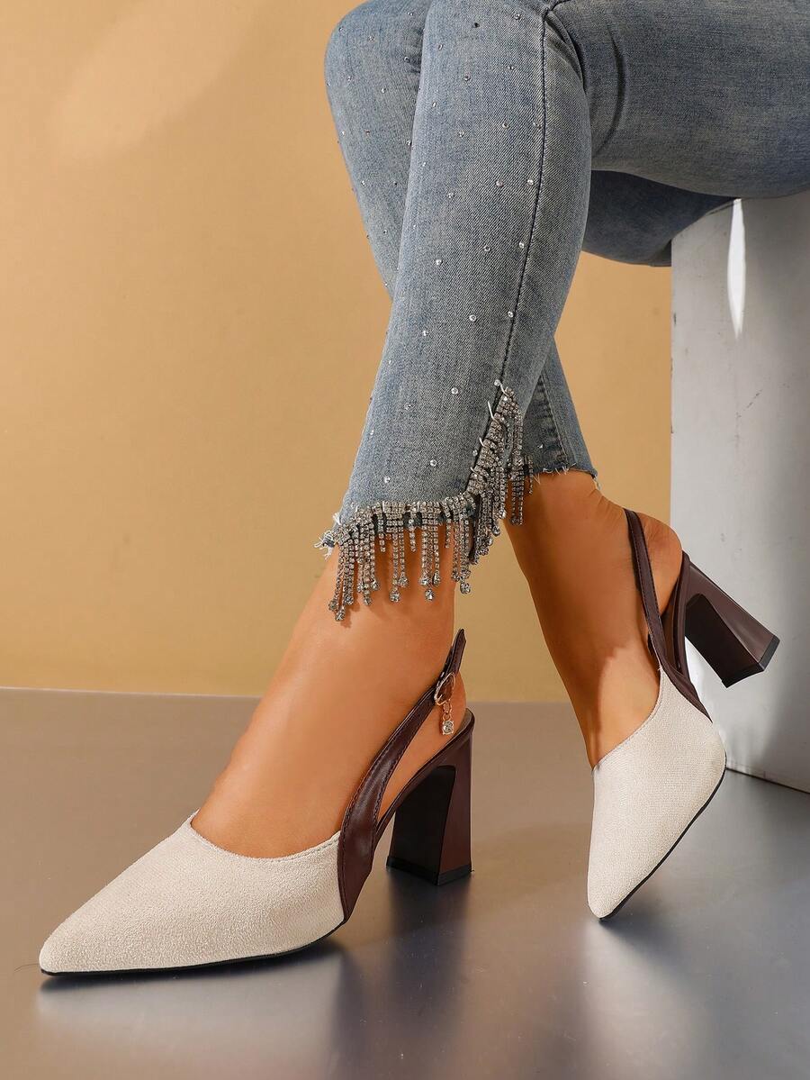 Color Block Pointed Toe Chunky Heel Sandals For Women, Strap Design, Elegant Commuting & Dating Versatile Slim High Heels