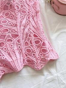 2026 Nuevo con forma de corsé de estilo europeo y americano, sexy para vacaciones, de doble capa de encaje, con bordado calado, color azul profundo - Rosa - Ver 6