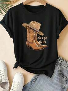 Camiseta Holgada Sencilla Mujer Estilo Moderno - Camiseta de Manga Corta con Estampado de Monograma de Botas y Sombrero de Vaquero para Mujer, Estilo Western, Adecuada para Primavera, Verano, Otoño, Ropa Casual, Eventos con Temática de Vaqueros y Atuendos Diarios - Blusa de Cuello No Redondo para Mujer - Top de Manga Corta Cómodo, Suave y Sencillo para Uso Diario - Negro - Ver 1