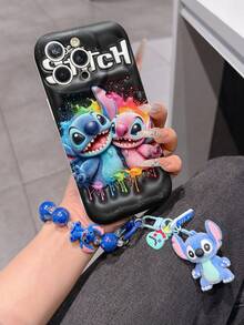 Disney Lilo & Stitch Phone Case With Stitch And Angel Charm And Stitch Lanyard - Cute Stitch And Angel Protective Case With Colorful Splash And Black Background Design, Equipped With Delicate Stitch Decorative Lanyard And Beaded Bracelet For Easy Carrying, Compatible With IPhone 17, 16, 15, 14, 13, 12, 11 Pro Series, Ideal For Birthdays, Holidays, Anniversaries, Graduation Gifts, Or Any Special Occasion To Surprise Family, Friends, Classmates, And Loved Ones. - trắng - Xem 3