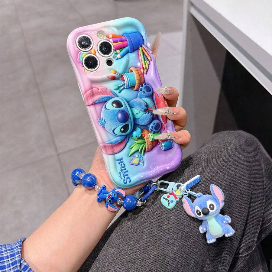 Disney Lilo & Stitch Phone Case With Stitch Charm And Stitch Lanyard - Cute Stitch Protective Case With Art Supplies And Pastel Gradient Background Design, Equipped With Delicate Stitch Decorative Lanyard And Beaded Bracelet For Easy Carrying, Compatible With IPhone 17, 16, 15, 14, 13, 12, 11 Pro Series, Ideal For Birthdays, Holidays, Anniversaries, Graduation Gifts, Or Any Special Occasion To Surprise Family, Friends, Classmates, And Loved Ones. - trắng - Xem 1