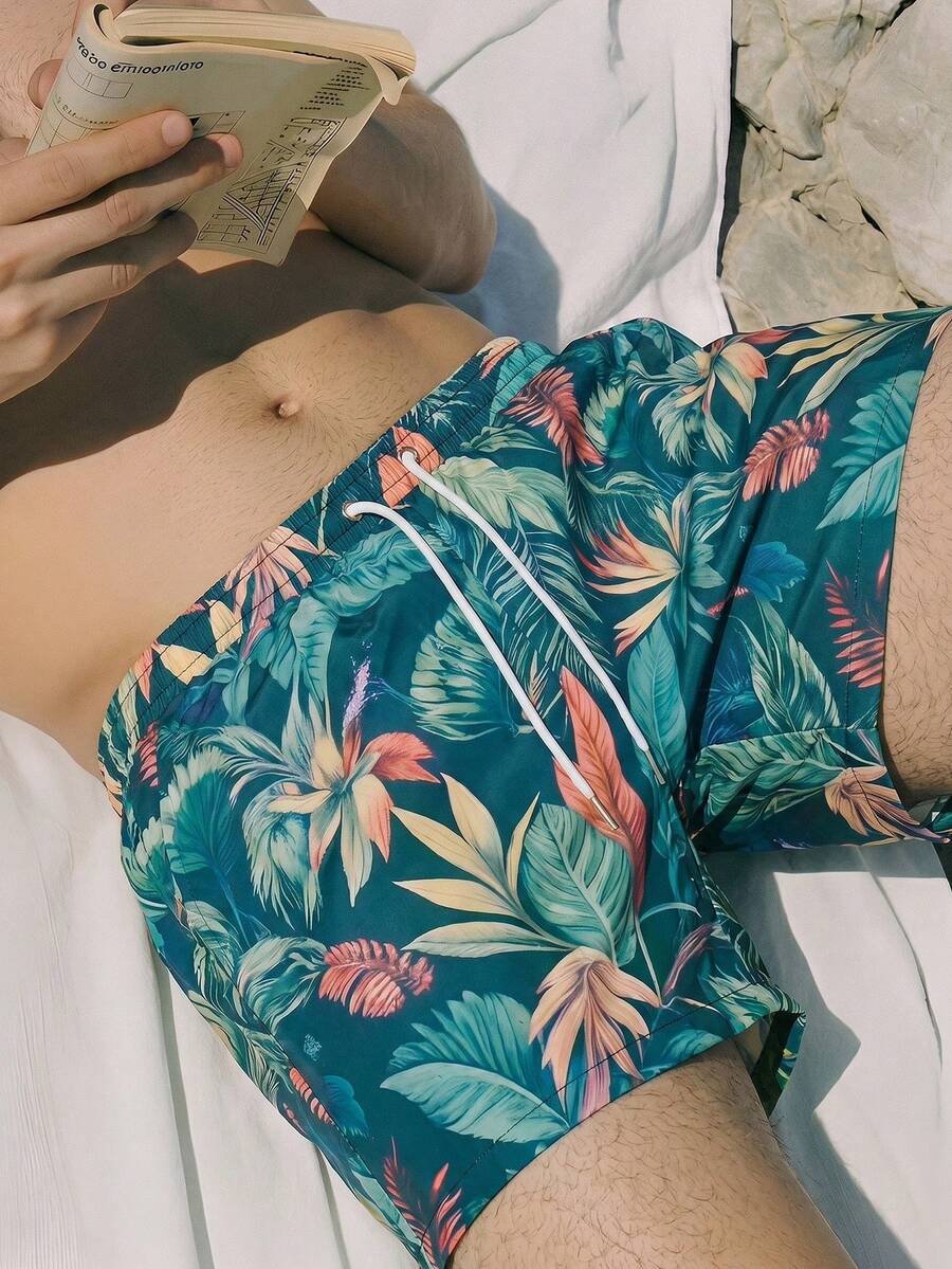 Open Phase 男士夏季印花图案抽绳腰斜插口袋夏威夷速干双层网眼衬里短裤,热带花卉3D印花,时尚休闲沙滩装,百慕大短裤,泳裤,复古美式,男女通用,宽松版型夏季服装——适合日常穿着和夏季度假穿着。 - 彩色 - 查看 1