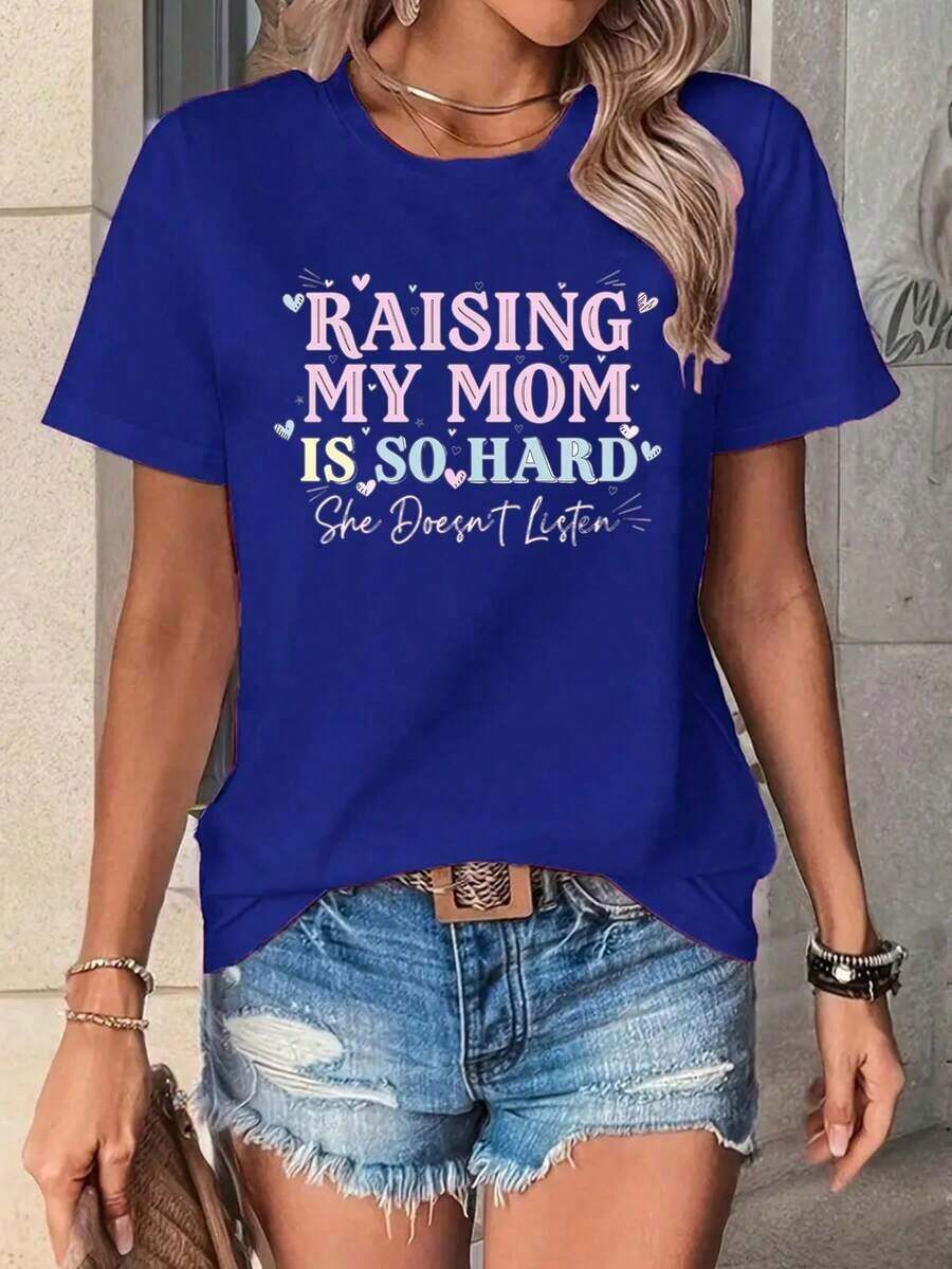 short-sleeveCamiseta de algodón para mujer "Cuidar a mamá es muy difícil, es rebelde" | Camiseta casual de manga corta y suave, rosa con estampado de eslogan en rosa, diseño otomano, un regalo divertido para cuidadores y madres, cuello redondo, tela de elasticidad media, adecuada para todas las estaciones. Cuello Redondo Algodón 100% Tejido Suave Manga Corta100% Cotton - Azul - Ver 1
