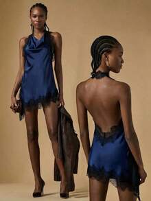 Blusa de verano con escote halter, espalda descubierta y bajo asimétrico con encaje en contraste - Azul marino - Ver 1