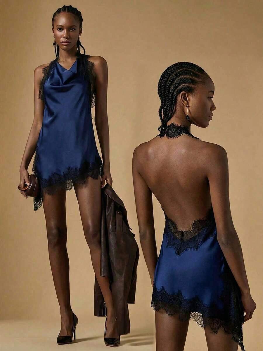 Blusa de verano con escote halter, espalda descubierta y bajo asimétrico con encaje en contraste - Azul marino - Ver 1