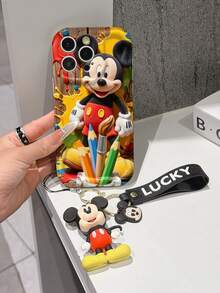 Disney Mickey Mouse Phone Case With Mickey Charm And Lanyard - Cute Mickey Protective Case With Artistic Paint Splatter And Wooden Background Design, Equipped With Delicate Mickey Decorative Lanyard And Beaded Bracelet For Easy Carrying, Compatible With IPhone 17, 16, 15, 14, 13, 12, 11 Pro Series, Ideal For Birthdays, Holidays, Anniversaries, Graduation Gifts, Or Any Special Occasion To Surprise Family, Friends, Classmates, And Loved Ones. - White - View 3