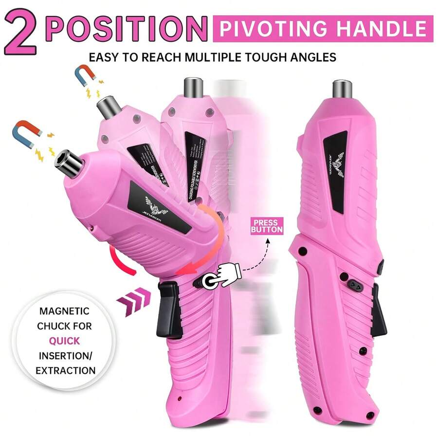 Destornillador eléctrico rosa de alta calidad, juego de herramientas inalámbrico recargable con taladro mini y luz LED, esencial para reparación de electrodomésticos y proyectos DIY - Rosa - Ver 1